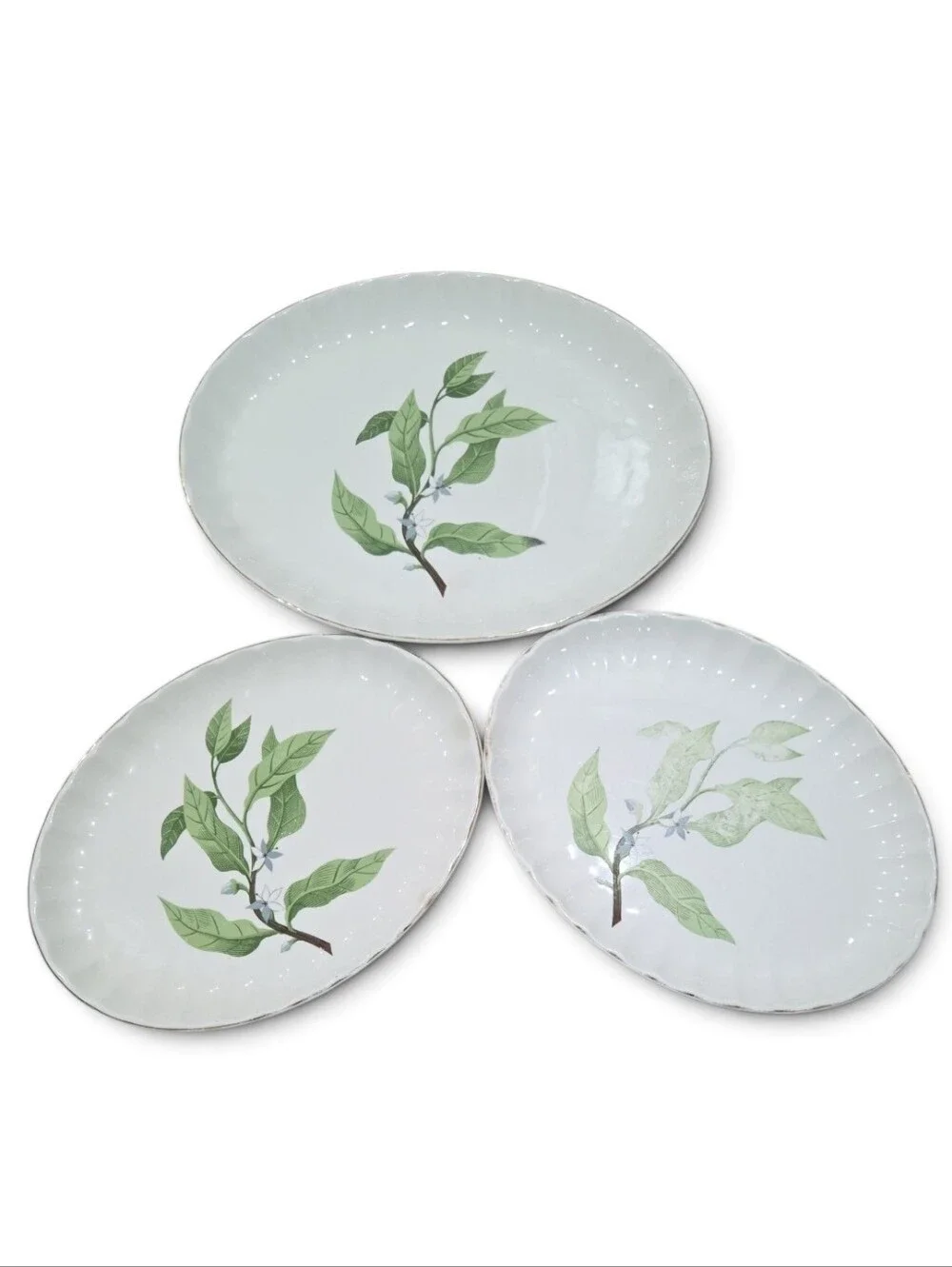 Vintage W.S George Bolero White Dinner Platters with Green Botanical Leaf Design